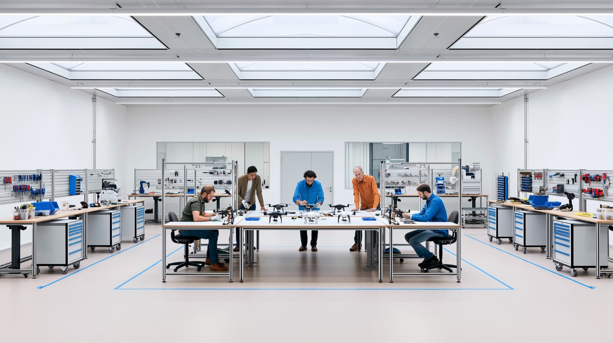 A wide test floor, rows of instrumented benches with engineers working at them
