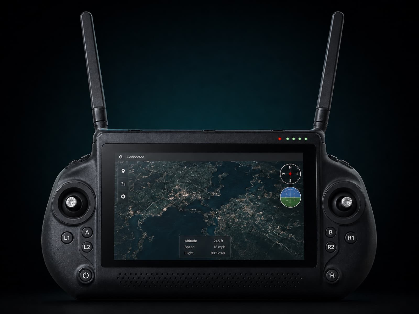The Ascendant RC7 ground station, its screen showing a satellite map with altitude, speed and flight time in English