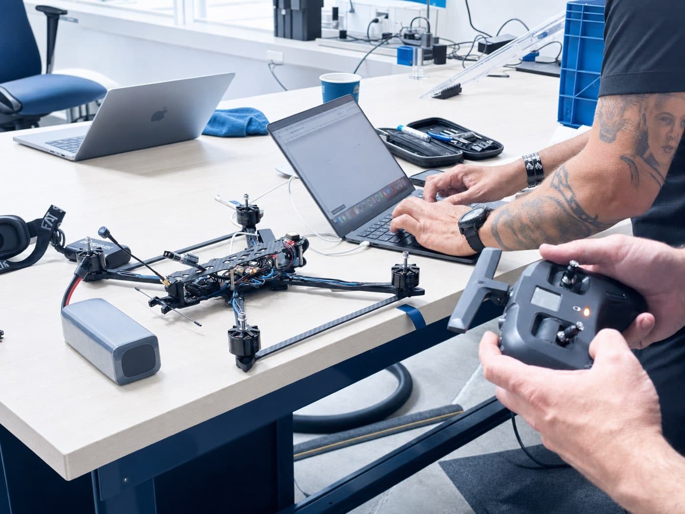 Two people at a workbench building an FPV quadcopter, one holding a transmitter, a laptop open beside the airframe
